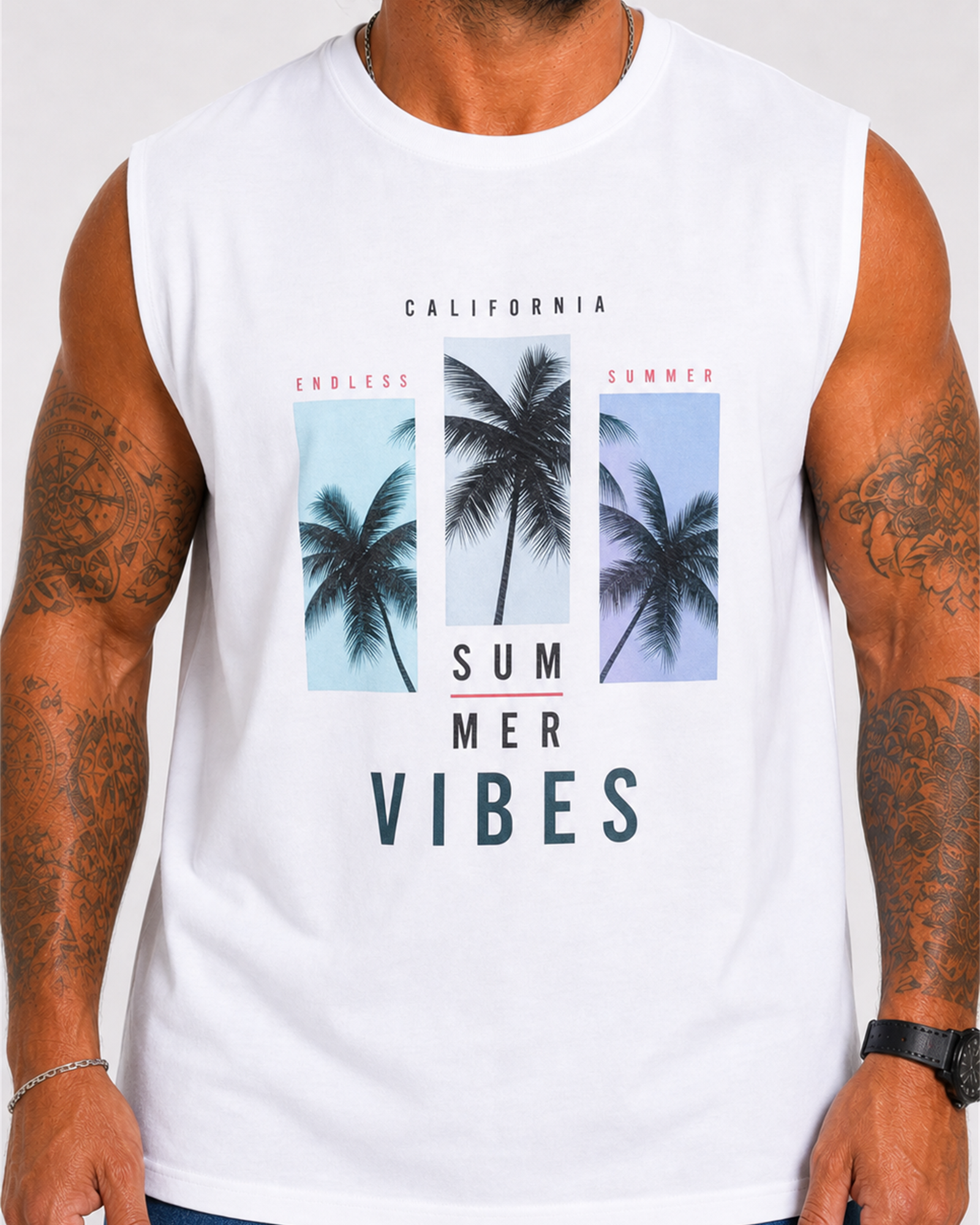 Starbattal Büyük Beden Baskılı Kolsuz Tişört Summer Vıbes 26125 BEYAZ