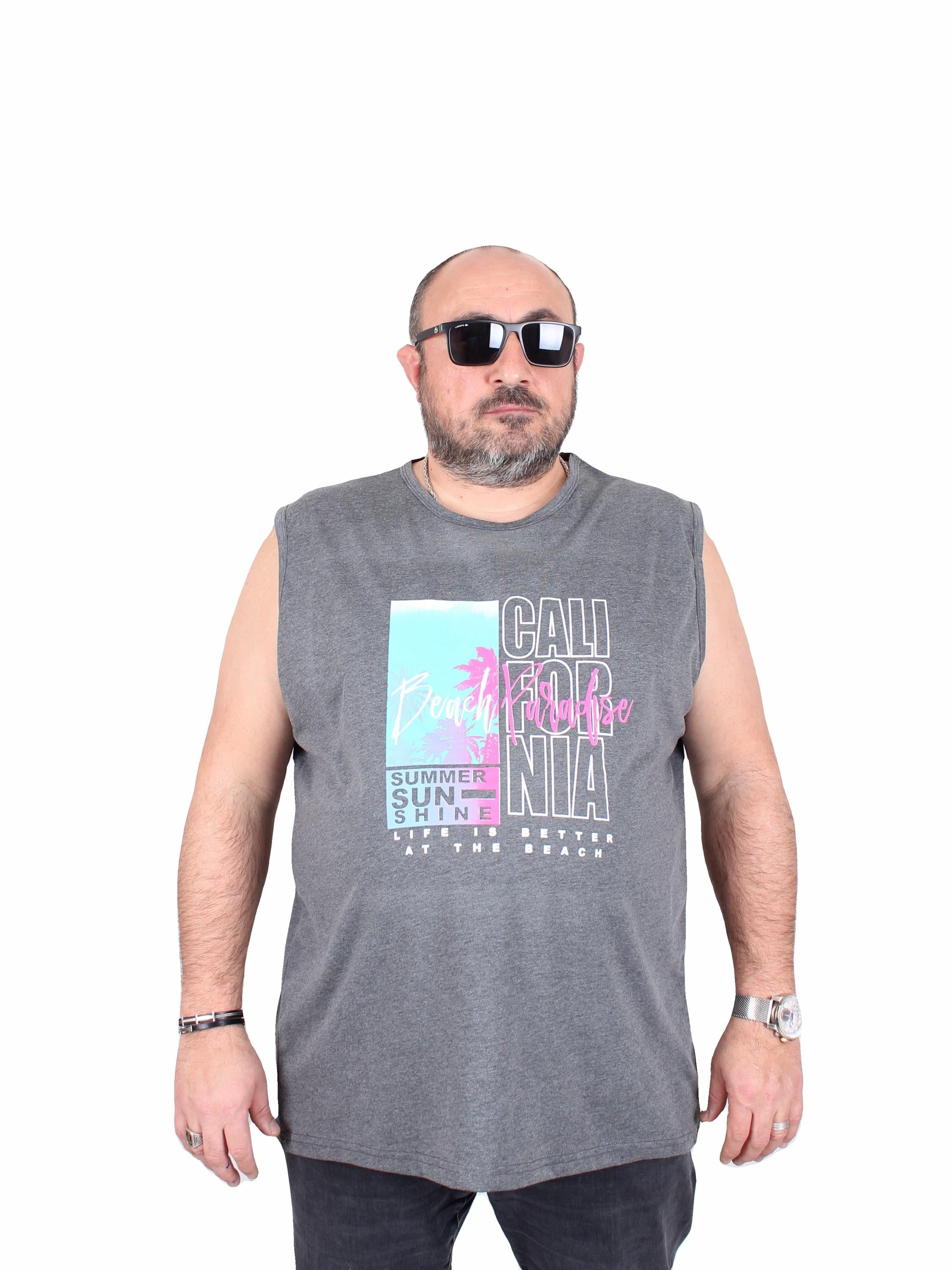 Starbattal Büyük Beden Baskılı Kolsuz Tişört Beach Paradise 25151 GRI MELANJ