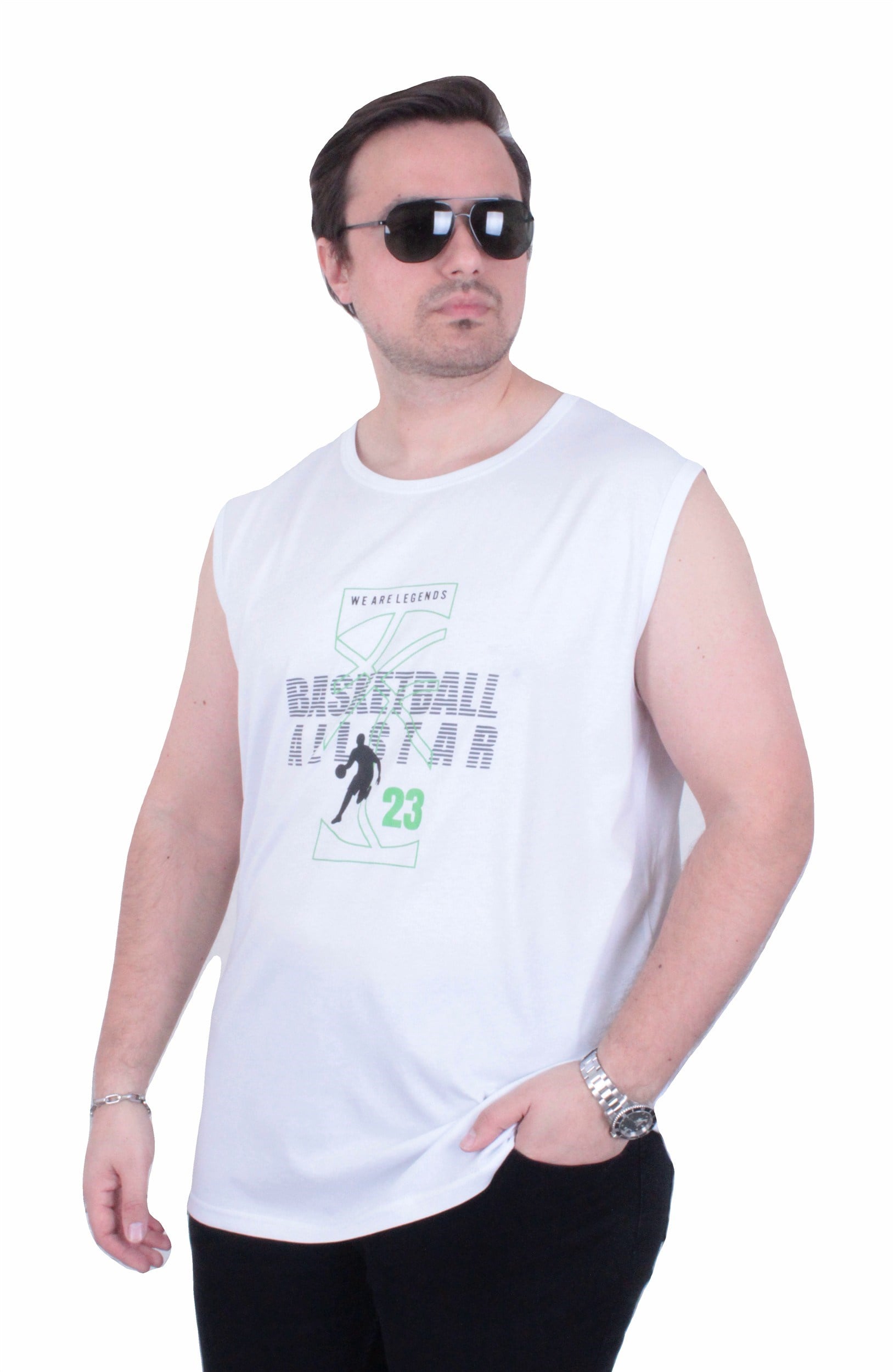 Starbattal Büyük Beden Baskılı Kolsuz Tişört Basketball 26123 BEYAZ