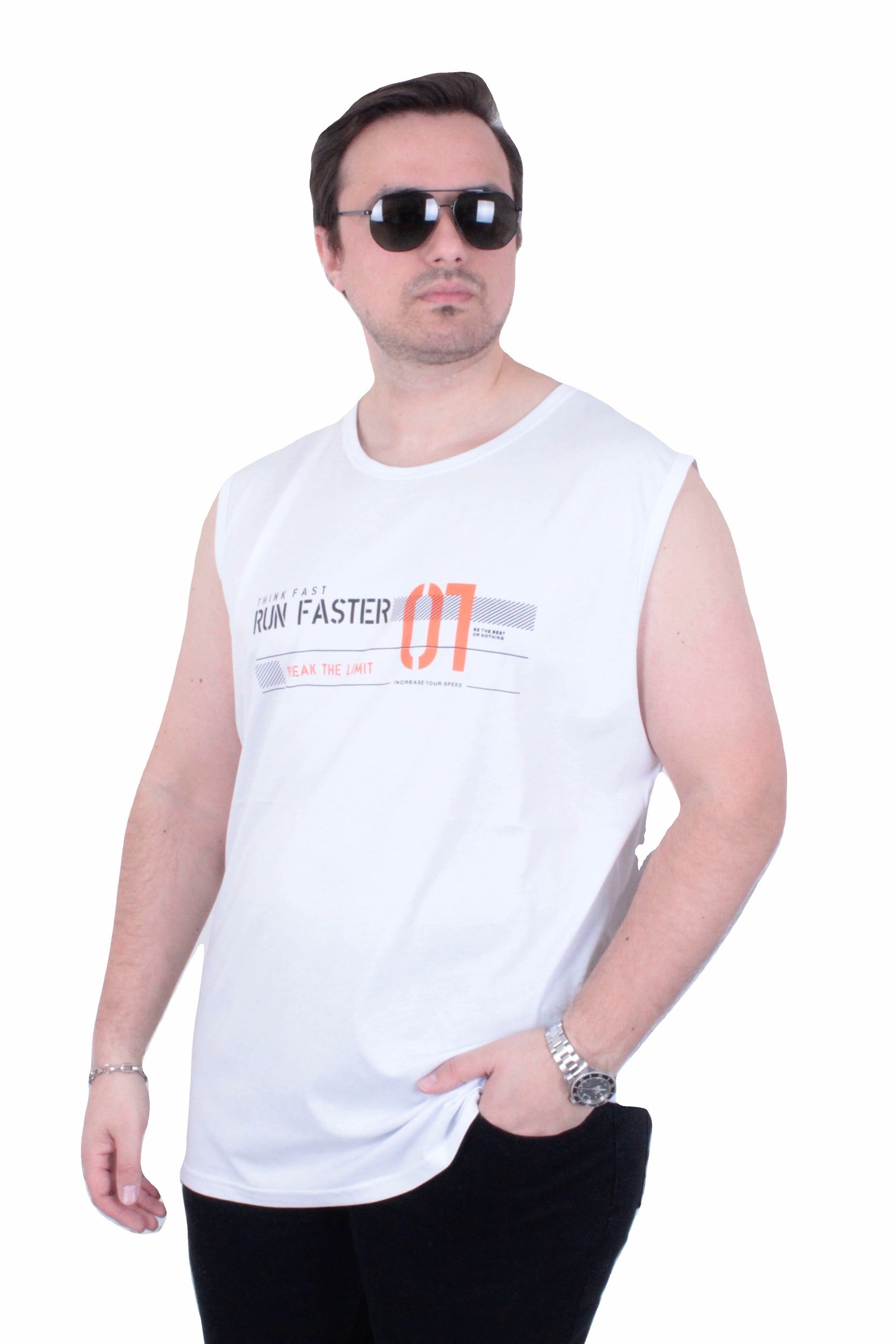 Starbattal Büyük Beden Baskılı Kolsuz Tişört Run Faster 26127 BEYAZ
