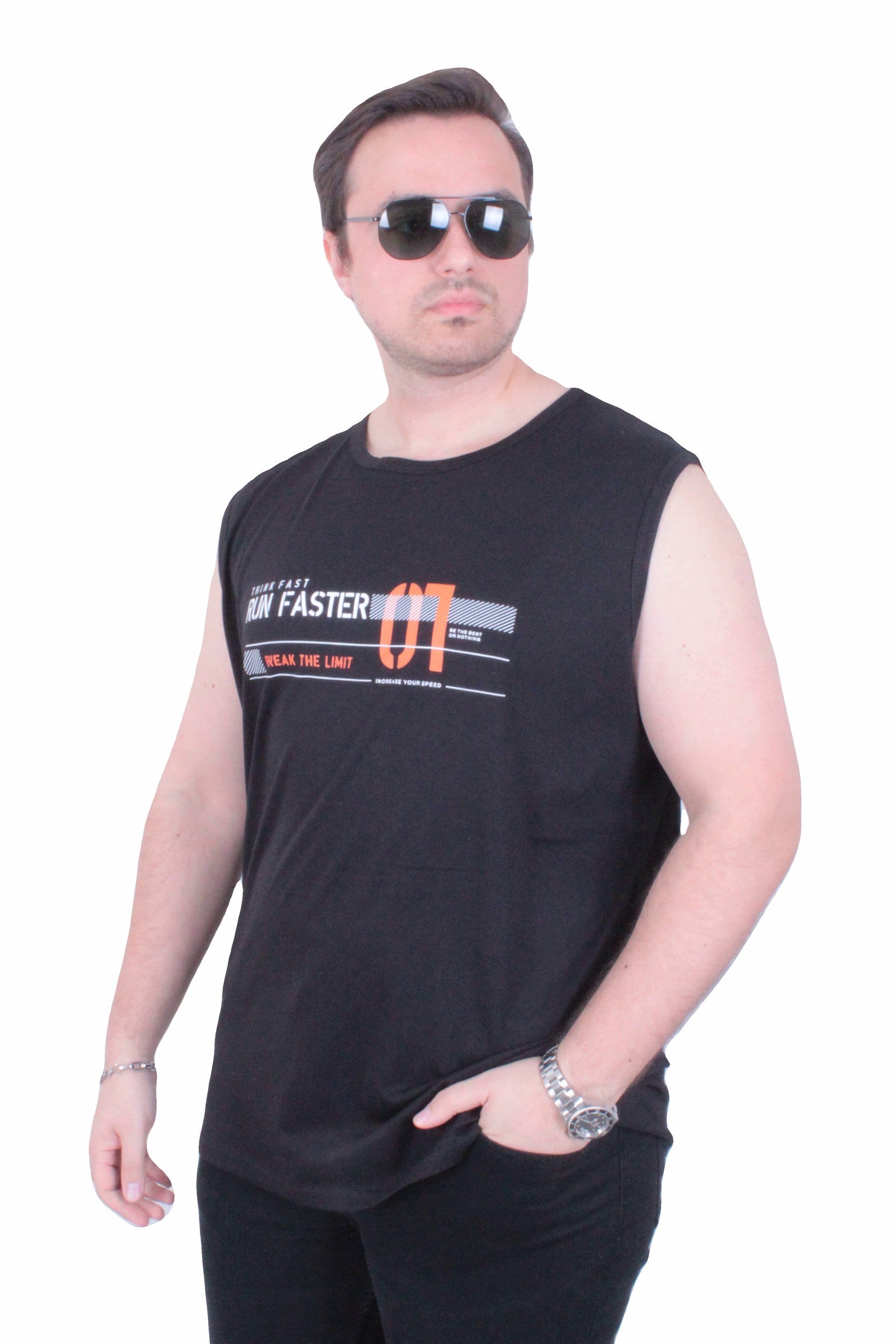 Starbattal Büyük Beden Baskılı Kolsuz Tişört Run Faster 26127 SIYAH