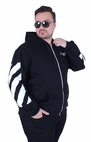Starbattal Büyük Beden Kapüşonlu Fermuarlı 3ip Sweat MG 25718 SIYAH