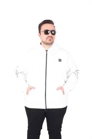 Starbattal Büyük Beden Kapüşonlu Fermuarlı Sweat Double Face Ossi 25705 EKRU