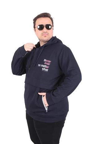 Starbattal Büyük Beden Kapüşonlu Sweat Double Face Never 25706 LACIVERT