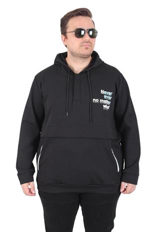 Starbattal Büyük Beden Kapüşonlu Sweat Double Face Never 25706 SIYAH