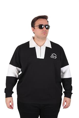 Starbattal Büyük Beden Polo Yaka Fermuarlı Sweat Double Face 25709 SIYAH