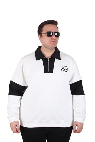 Starbattal Büyük Beden Polo Yaka Fermuarlı Sweat Double Face 25709 BEJ