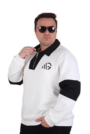 Starbattal Büyük Beden Polo Yaka Fermuarlı Sweat Double Face 25709 BEJ