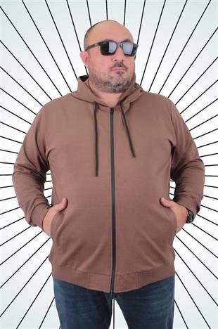 Starbattal Büyük Beden Basic Mevsimlik Fermuarlı Kapüşonlu Sweat 22751 TABA