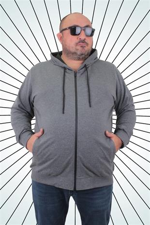 Starbattal Büyük Beden Basic Mevsimlik Fermuarlı Kapüşonlu Sweat 22751 GRI MELANJ