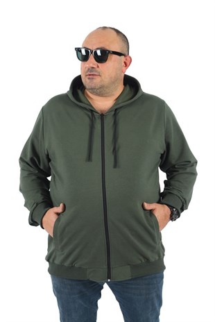 Starbattal Büyük Beden Basic Mevsimlik Fermuarlı Kapüşonlu Sweat 22751 HAKI