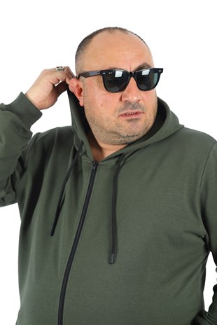 Starbattal Büyük Beden Basic Mevsimlik Fermuarlı Kapüşonlu Sweat 22751 HAKI