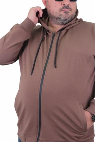 Starbattal Büyük Beden Basic Mevsimlik Fermuarlı Kapüşonlu Sweat 22751 TABA