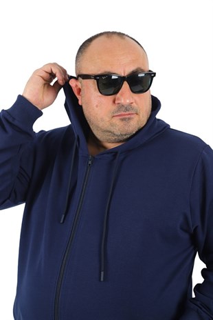 Starbattal Büyük Beden Basic Mevsimlik Fermuarlı Kapüşonlu Sweat 22751 INDIGO