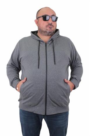 Starbattal Büyük Beden Basic Mevsimlik Fermuarlı Kapüşonlu Sweat 22751 GRI MELANJ