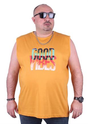 Starbattal Büyük Beden Erkek Baskılı Kolsuz Tişört Good Vibes 23141 HARDAL
