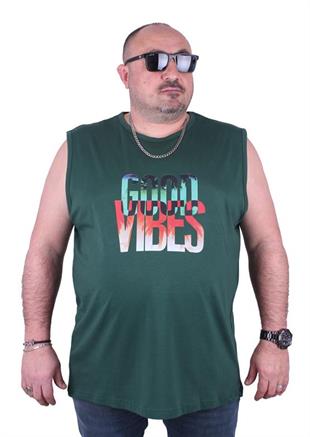 Starbattal Büyük Beden Erkek Baskılı Kolsuz Tişört Good Vibes 23141 HAKI