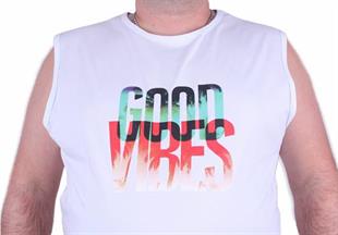 Starbattal Büyük Beden Erkek Baskılı Kolsuz Tişört Good Vibes 23141 BEYAZ