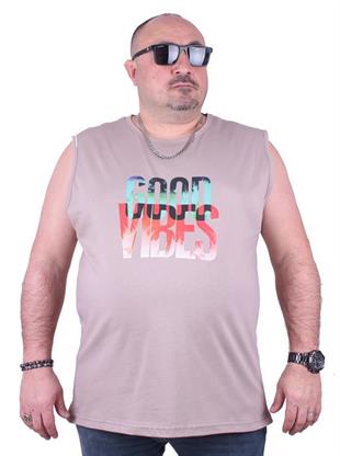 Starbattal Büyük Beden Erkek Baskılı Kolsuz Tişört Good Vibes 23141 TOPRAK