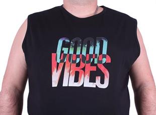 Starbattal Büyük Beden Erkek Baskılı Kolsuz Tişört Good Vibes 23141 SIYAH