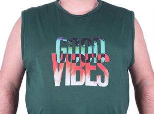Starbattal Büyük Beden Erkek Baskılı Kolsuz Tişört Good Vibes 23141 HAKI