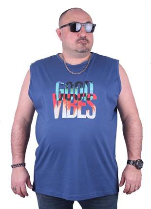 Starbattal Büyük Beden Erkek Baskılı Kolsuz Tişört Good Vibes 23141 INDIGO