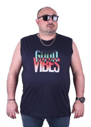 Starbattal Büyük Beden Erkek Baskılı Kolsuz Tişört Good Vibes 23141 LACIVERT