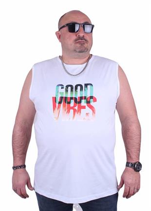 Starbattal Büyük Beden Erkek Baskılı Kolsuz Tişört Good Vibes 23141 BEYAZ