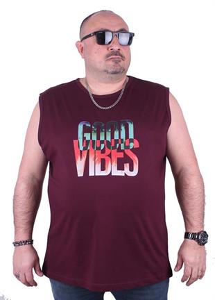 Starbattal Büyük Beden Erkek Baskılı Kolsuz Tişört Good Vibes 23141 BORDO