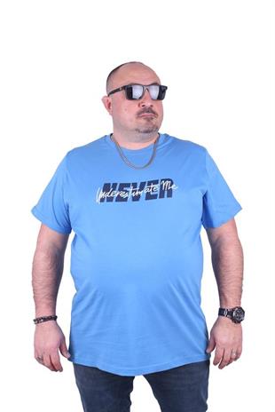 Starbattal Büyük Beden Erkek Baskılı Tişört Never 23135 MAVI
