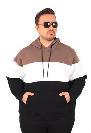 Starbattal Büyük Beden Kapüşonlu 3ip Sweat MG 25725 Vizon