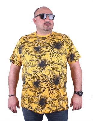 Starbattal Büyük Beden Sıfır Yaka Tişört Palm Leaf 23148 SARI