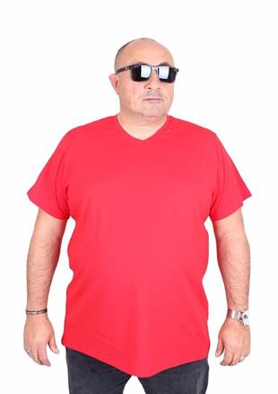 Starbattal Erkek Büyük Beden Likralı Basic V Yaka Tişört 11170 KIRMIZI