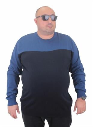 Starbattal Erkek Büyük Beden Sıfır Yaka Çift Renk Triko Kazak 23751 INDIGO