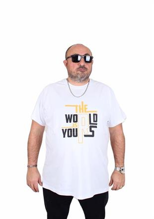 Starbattal Erkek Büyük Beden Sıfır Yaka Tişört The World 25170 BEYAZ