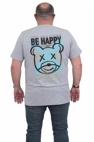 Starbattal Erkek Büyük Beden Sıfır Yaka Tişört Be Happy 24131 GRI MELANJ