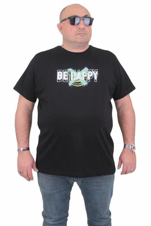 Starbattal Erkek Büyük Beden Sıfır Yaka Tişört Be Happy 24131 SIYAH