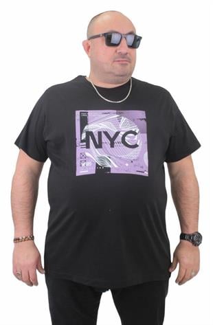 Starbattal Erkek Büyük Beden Sıfır Yaka Tişört NYC 23182 SIYAH