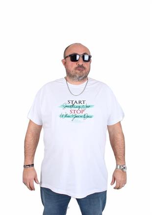 Starbattal Erkek Büyük Beden Sıfır Yaka Tişört Start Stop 25178 BEYAZ