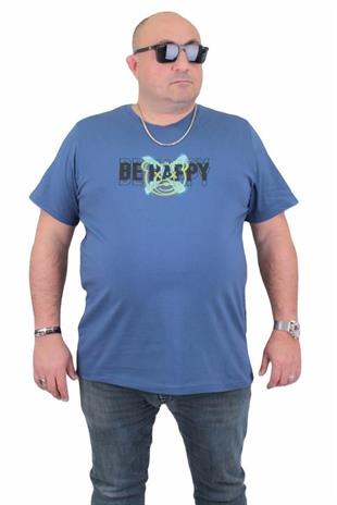 Starbattal Erkek Büyük Beden Sıfır Yaka Tişört Be Happy 24131 INDIGO