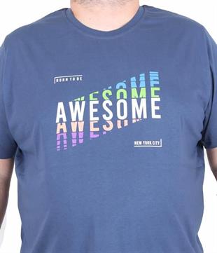 Starbattal Erkek Büyük Beden Sıfır Yaka Tişört Awesome 25164 INDIGO