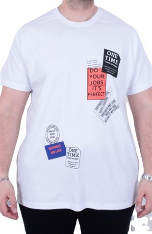 Starbattal Erkek Büyük Beden Sıfır Yaka Tişört One Time 26156 BEYAZ