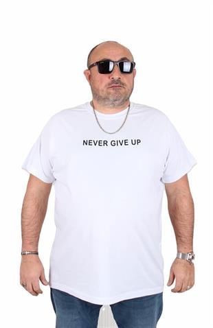Starbattal Erkek Büyük Beden Sıfır Yaka Tişört Never Give Up 25140 BEYAZ