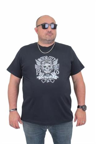 Starbattal Erkek Büyük Beden Sıfır Yaka Tişört Motor City 24141 LACIVERT
