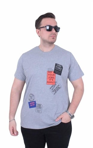 Starbattal Erkek Büyük Beden Sıfır Yaka Tişört One Time 26156 GRI MELANJ