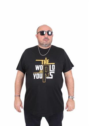 Starbattal Erkek Büyük Beden Sıfır Yaka Tişört The World 25170 SIYAH