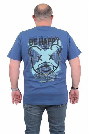 Starbattal Erkek Büyük Beden Sıfır Yaka Tişört Be Happy 24131 INDIGO