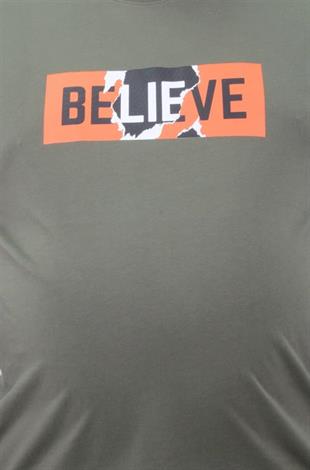 Starbattal Erkek Büyük Beden Sıfır Yaka Tişört Believe 23180 HAKI
