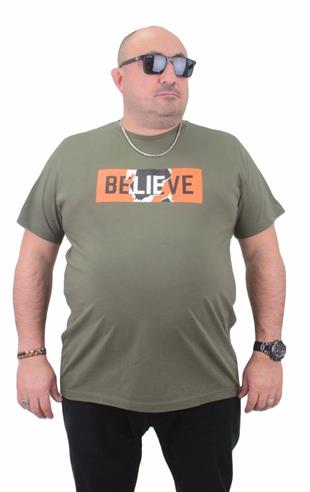 Starbattal Erkek Büyük Beden Sıfır Yaka Tişört Believe 23180 HAKI