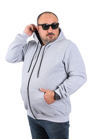 Starbattal Büyük Beden Unisex Kapüşonlu 3ip Sweat 11701 GRI MELANJ